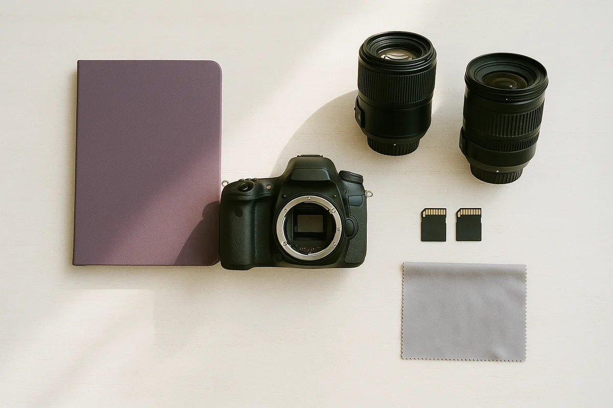 Flat-Lay der Fotografen-Ausrüstung: Kamera, Objektive, Notizbuch und Speicherkarten