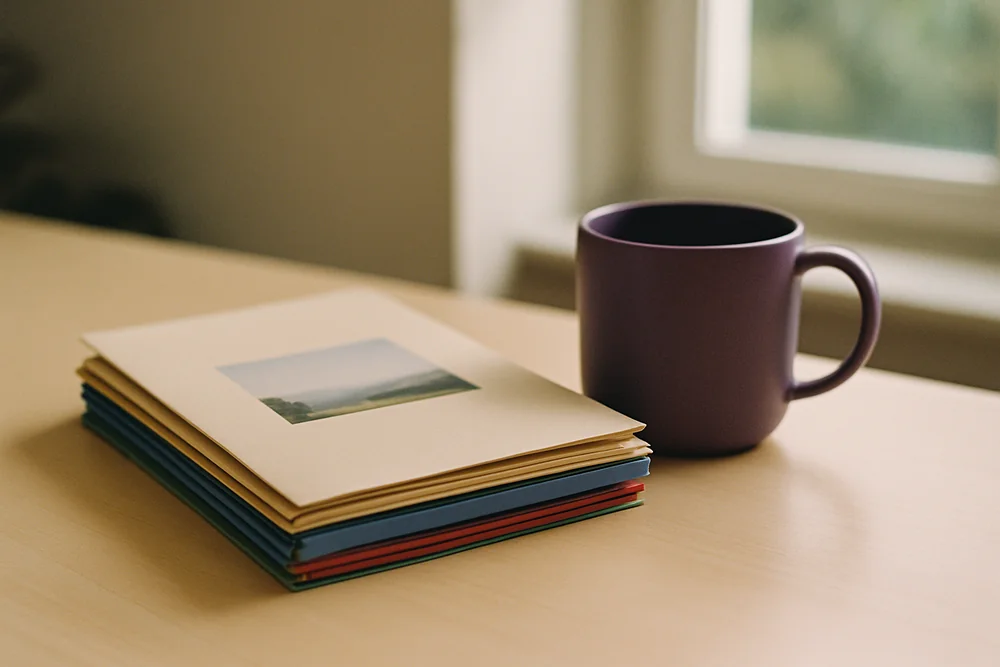 Stapel Fotomappen mit einem Landschaftsabzug und eine Tasse auf einem Tisch am Fenster