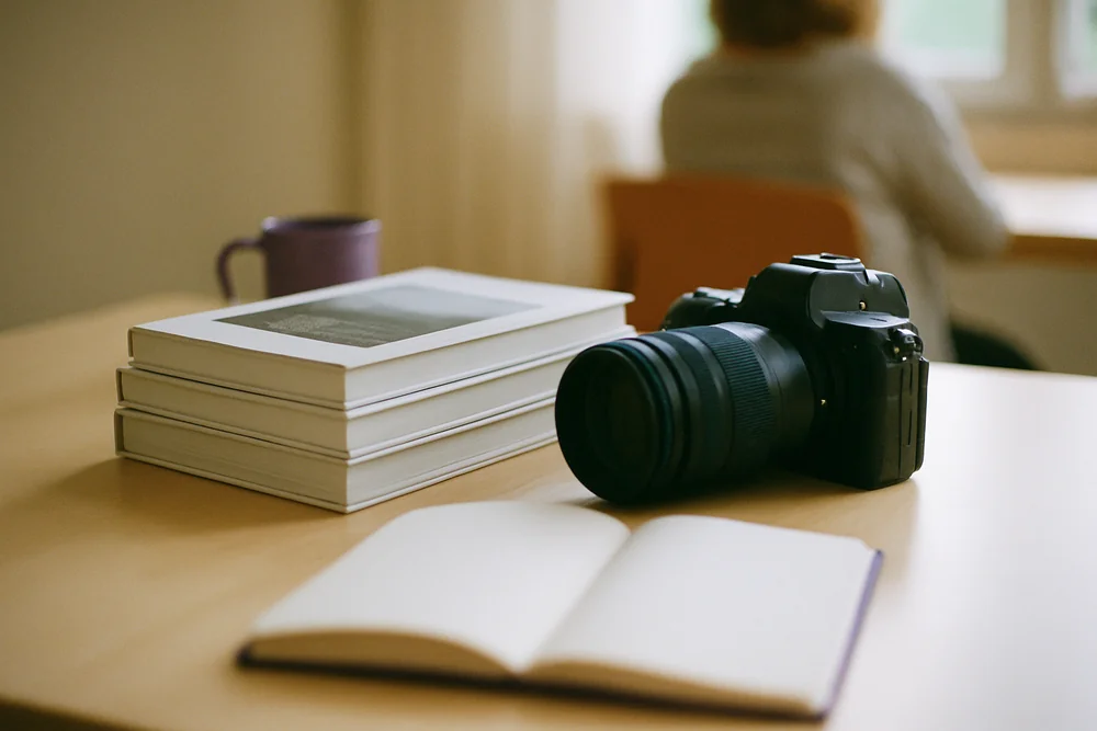 Kamera, Bücherstapel und ein aufgeschlagenes Notizbuch auf einem hellen Holztisch, im Hintergrund lernt eine Person am Fenster