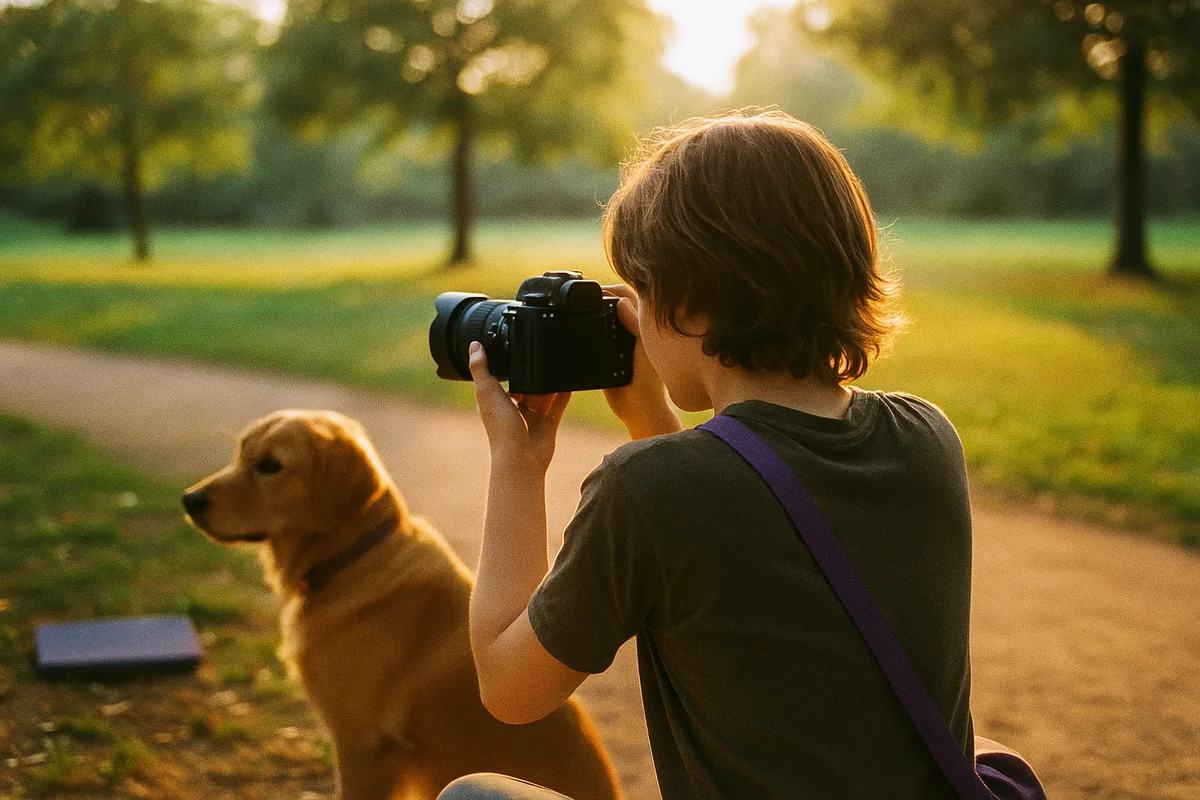 Junger Fotograf von hinten lernt im Park zu fotografieren, ein Hund sitzt daneben, goldene Stunde