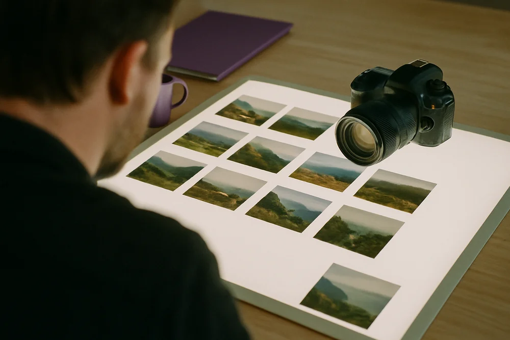 Fotograf betrachtet ein Raster aus Landschaftsabzügen auf einer weißen Fläche, daneben eine Kamera
