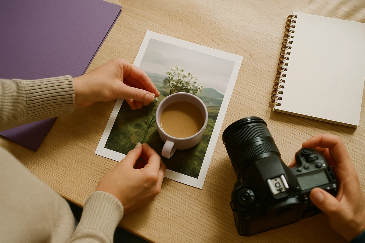 Fotograf gestaltet und fotografiert ein kleines Flat-Lay von oben
