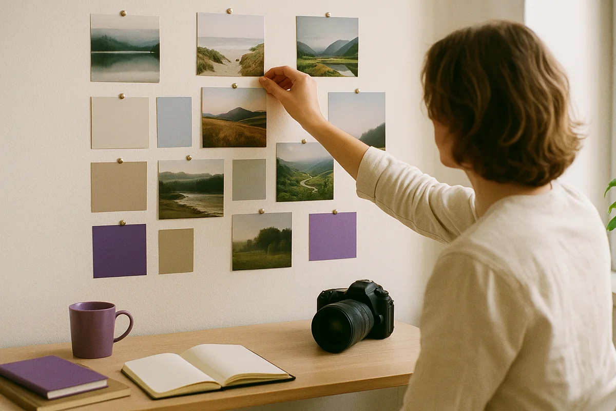 Moodboard mit angehefteten Landschaftsbildern und Notizen im hellen Studio