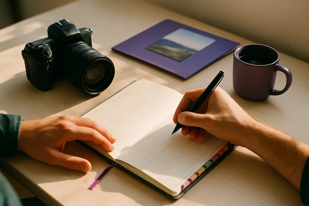 Hände tragen Termine in einen aufgeschlagenen Wochenplaner ein, daneben Kamera, Fotomappe und Kaffeetasse