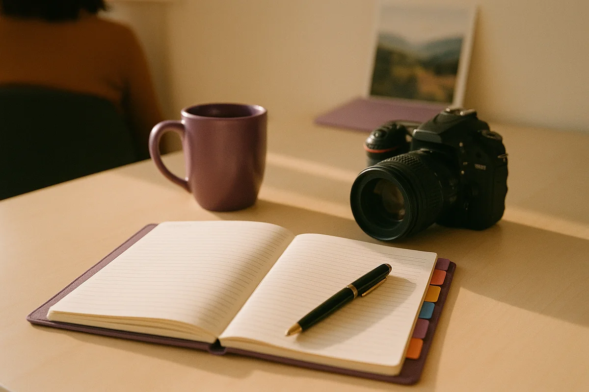 Hände tragen Termine in einen Kalender-Planer ein, daneben eine Kamera und Kaffee