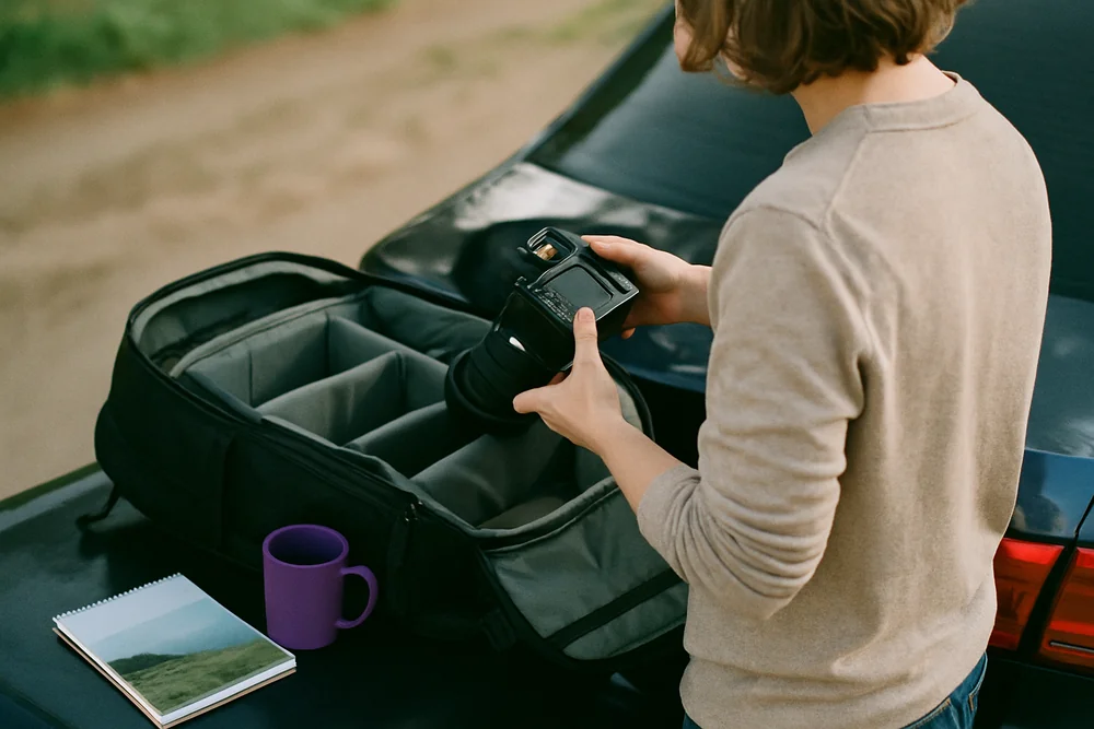 Fotografin packt am Kofferraum ihre Kamera in den Rucksack, daneben Notizblock und Tasse