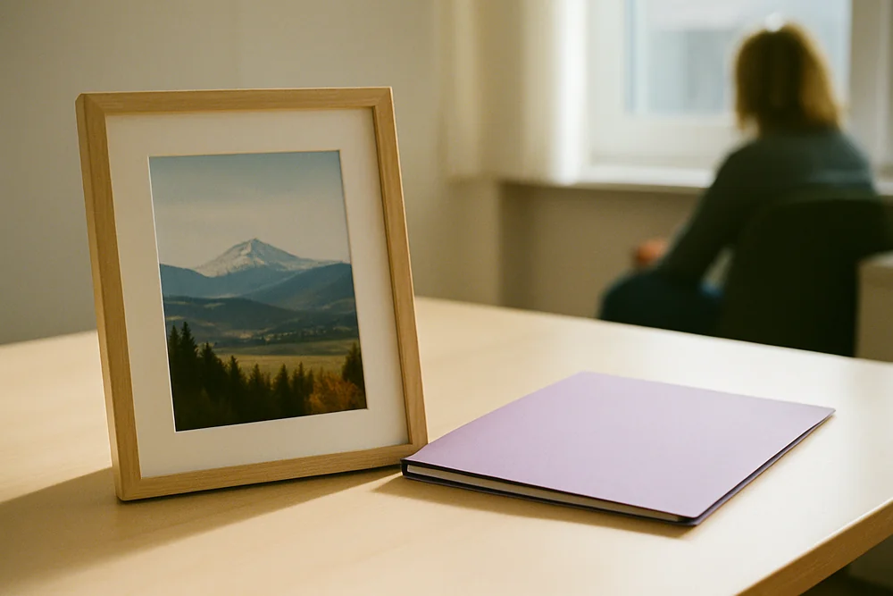 Gerahmtes Landschaftsbild und eine geschlossene Mappe auf einem Tisch, im Hintergrund sitzt eine Person am Fenster