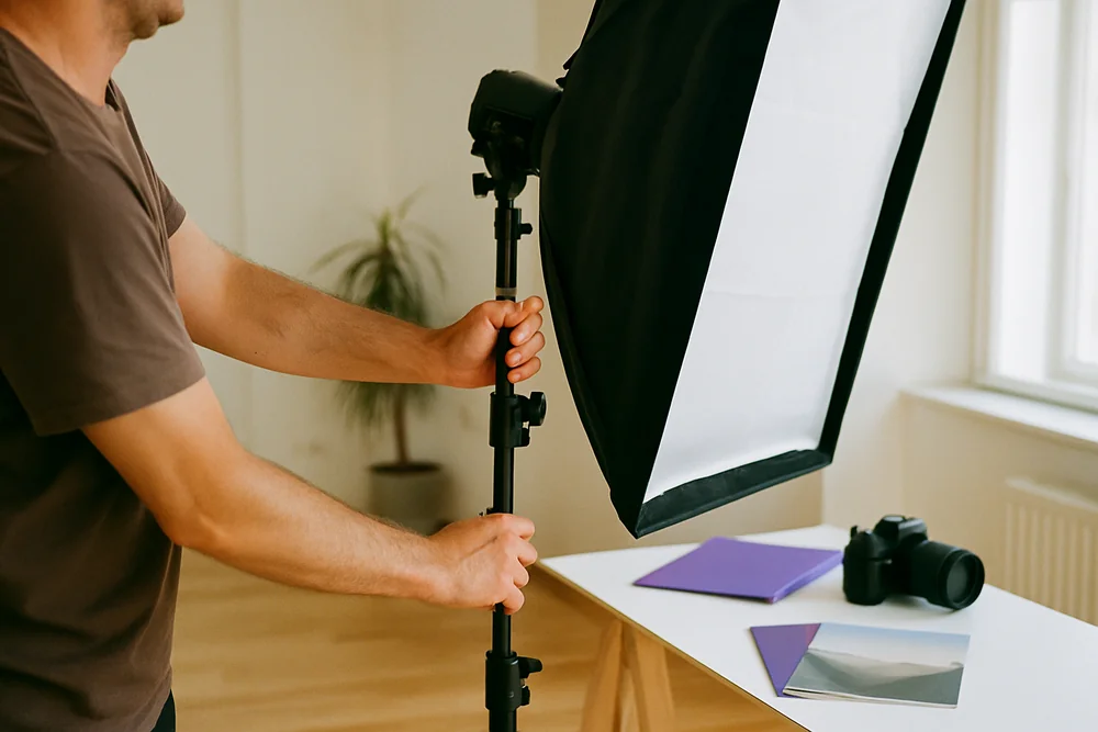 Fotograf richtet eine Softbox auf dem Lichtstativ aus, im Hintergrund ein Tisch mit Kamera und Mappen