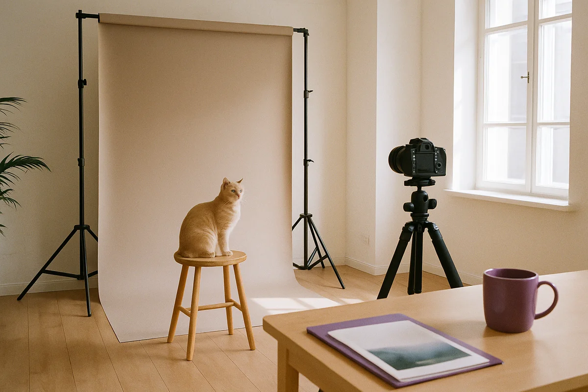 Helles, frisch eingerichtetes Fotostudio mit Hintergrund, Lichtstativ und Kamera