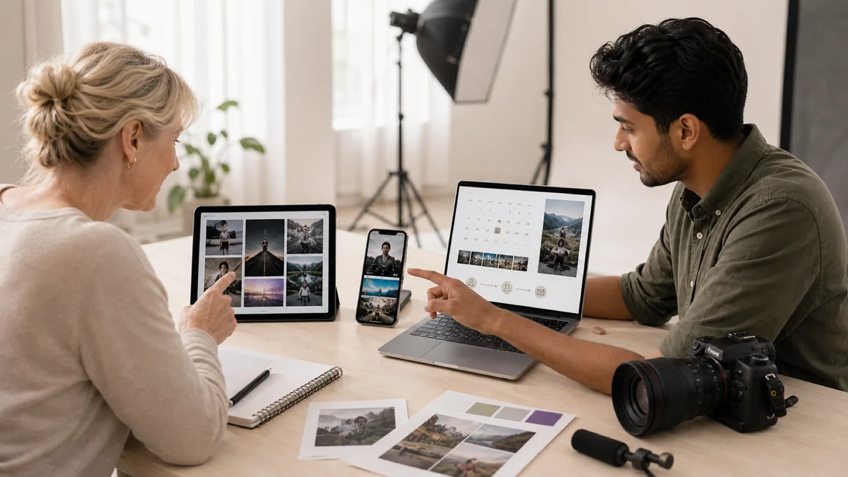 Kamera auf einem Stativ fotografiert ein gestaltetes Tisch-Set im hellen Raum