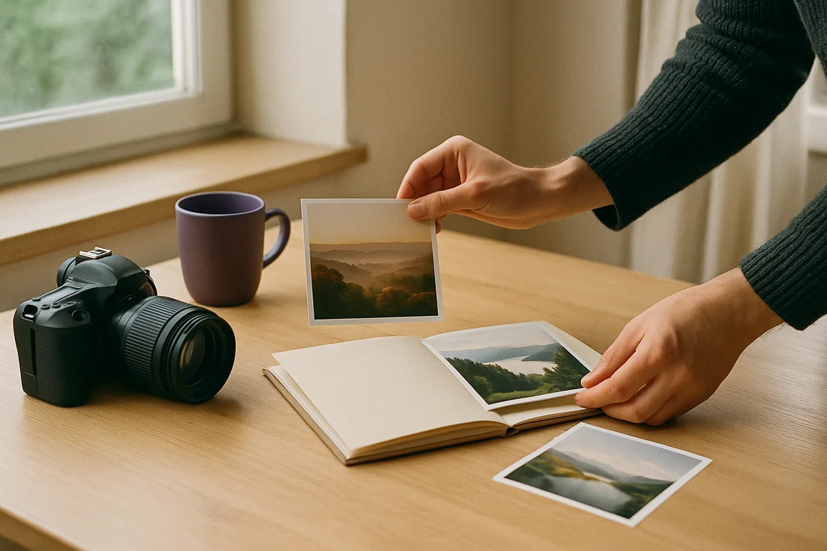 Fotograf sichtet gedruckte Landschaftsbilder und ein Fotoalbum am Fenster, daneben eine Kamera
